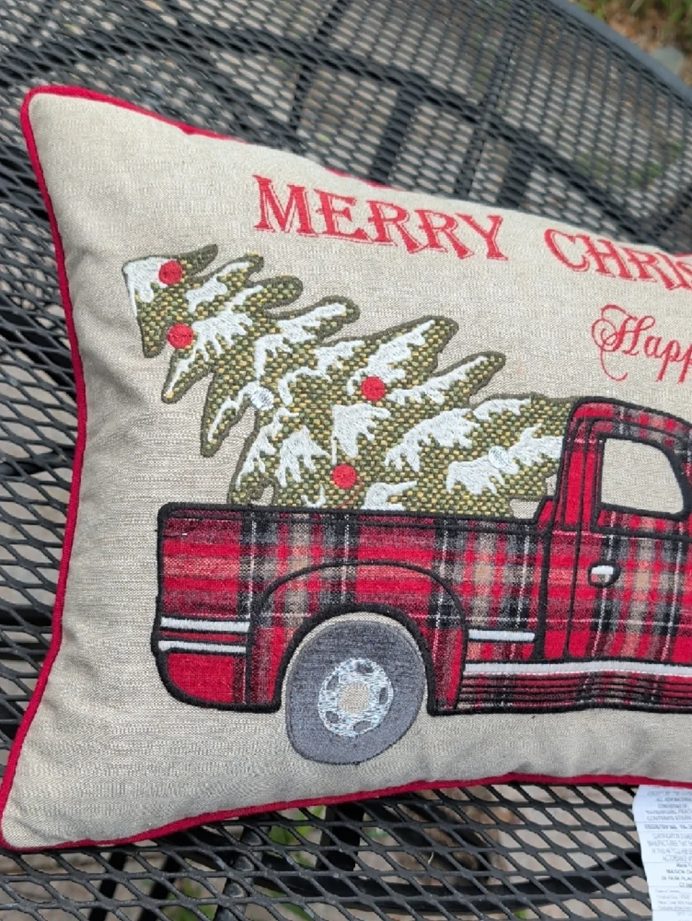 Red Plaid Truck W/ Christmas Tree Holiday Throw Pillow Merry Christmas Embossed
